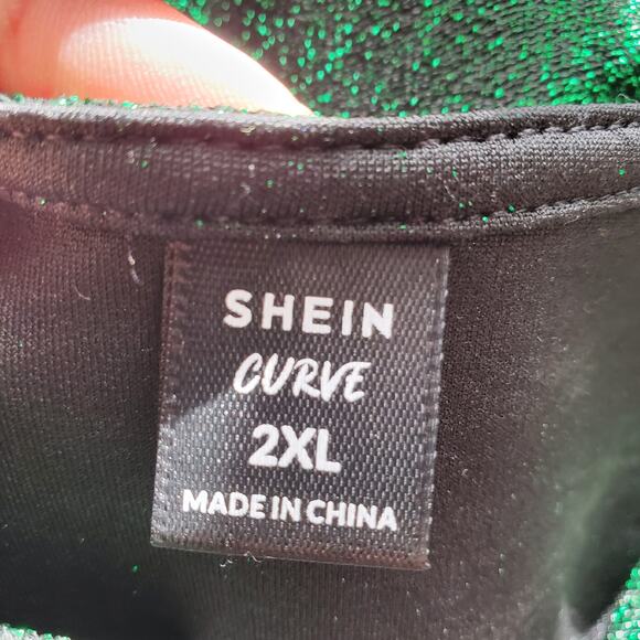 SHEIN Curve Bishop Sleeve Deep V Sparkle Bodysuit Green 2XL - Picture 6 of 8